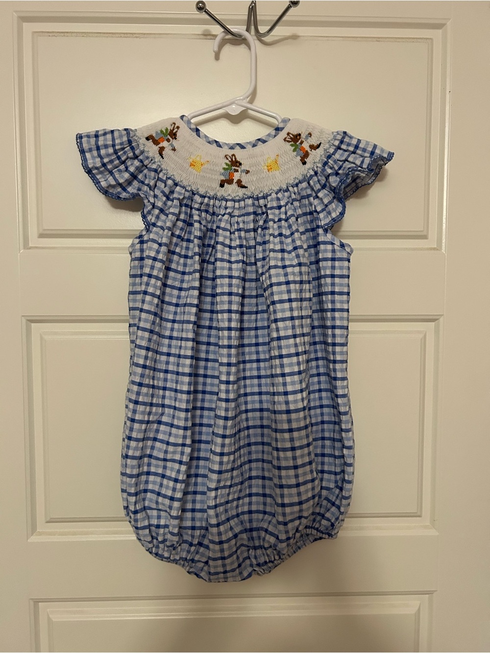 Blue Plaid Smocked Baby One-Piece with Bunny Embroidery